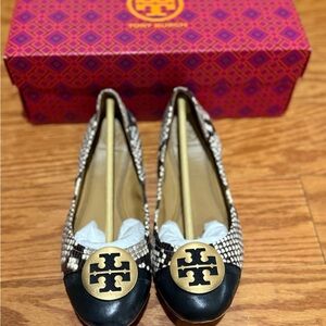 Tory Burch Snake Print Black and Gold Flats with Signature Logo
